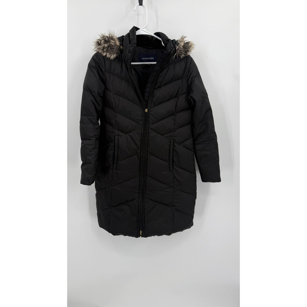Lands End Womens XS Black Down Puffer Parka Faux Fur Trim Hooded Winter Coat